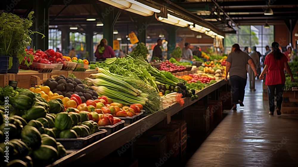 Fototapeta premium Vibrant Farmers Market with Fresh Vegetables and Fruits