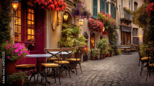 Charming European Street Cafe at Dusk © Maciej Koba