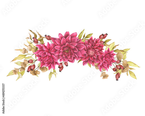 Wreath with dahlias, dried flowers and rose hips. Watercolor composition. Ready-made designs for prints, posters, cards, invitations, greetings, packaging design. Wedding, birthday, anniversary.
