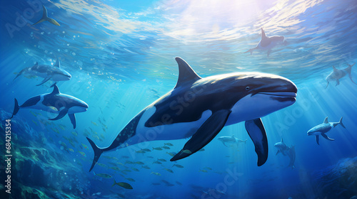 Orca Pod Swimming Gracefully Under Ocean Surface