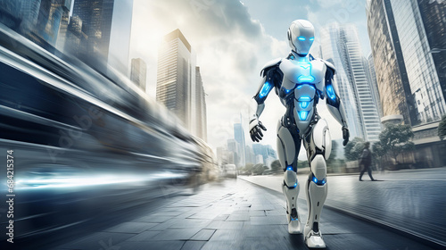 Futuristic AI Humanoid Robot in Metropolitan Cityscape © Maciej Koba