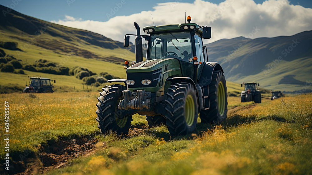 Modern agricultural tractors in green field. Modern agricultural tractors in green field.
