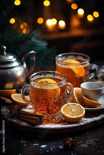 Close up Photo of Two Glass Tea Cups Filled with Tea and a Slice of Orange Placed on a Wooden Table. Christmas Lights and other X-Mas Decorations.