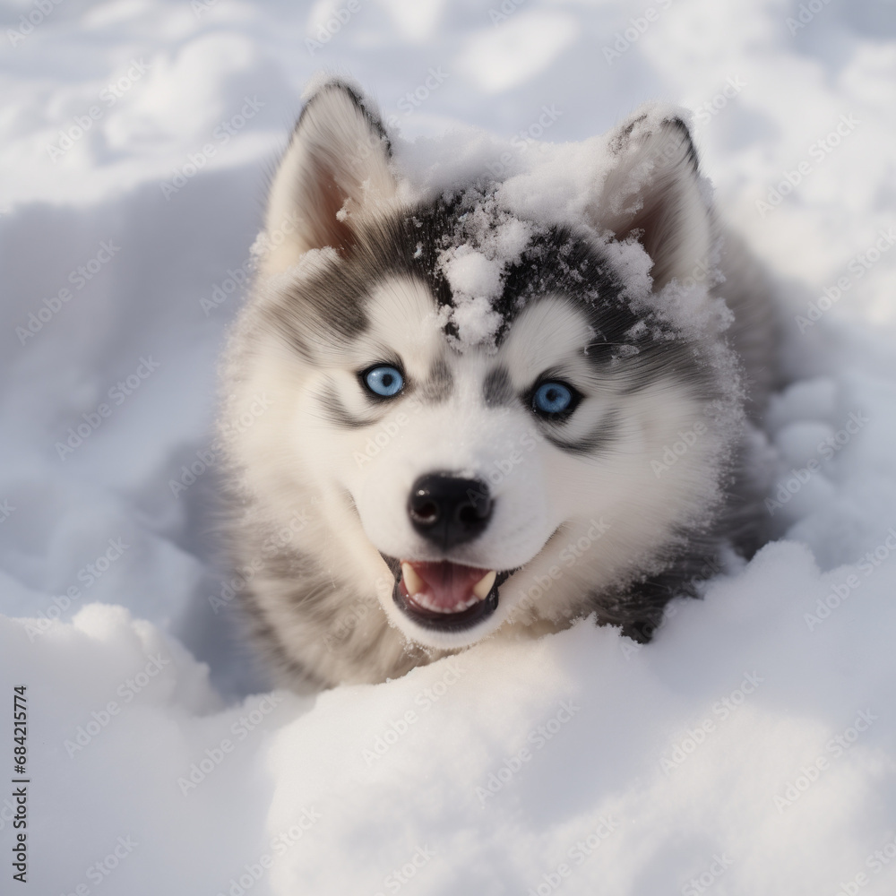 Beautiful Husky pup laying in the snow.