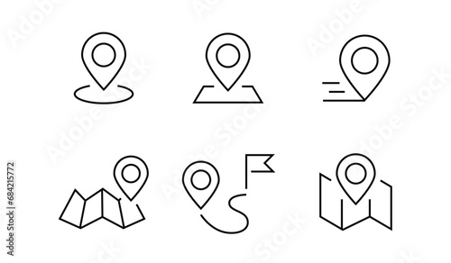 Set Route Related Vector Line Icons. Map with a Pin, Location Route map, Navigator, Direction and more. Editable Stroke, date and address concept Maps Pin Flag Navigation Brochure Geolocation logo.