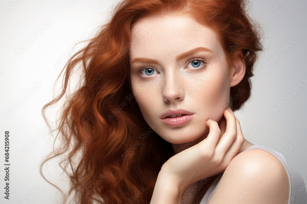 Portrait of a young beautiful red-haired woman with perfectly smooth skin, on a light background. Tenderness and sensuality. Concept of natural beauty, plastic surgery, cosmetology,skin care. Portrait of a young beautiful red-haired woman with perfectly smooth skin, on a light background. Tenderness and sensuality. Concept of natural beauty, plastic surgery, cosmetology,skin care.