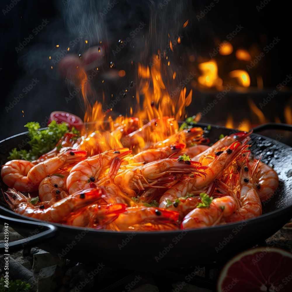 Professional Shot of Spiced Shrimps That Just Got Out of the Fire Placed on a Black Plate. Flames over a Fish Dish creating a Professional Image for Commercial Avertisement. Professional Shot of Spiced Shrimps That Just Got Out of the Fire Placed on a Black Plate. Flames over a Fish Dish creating a Professional Image for Commercial Avertisement.
