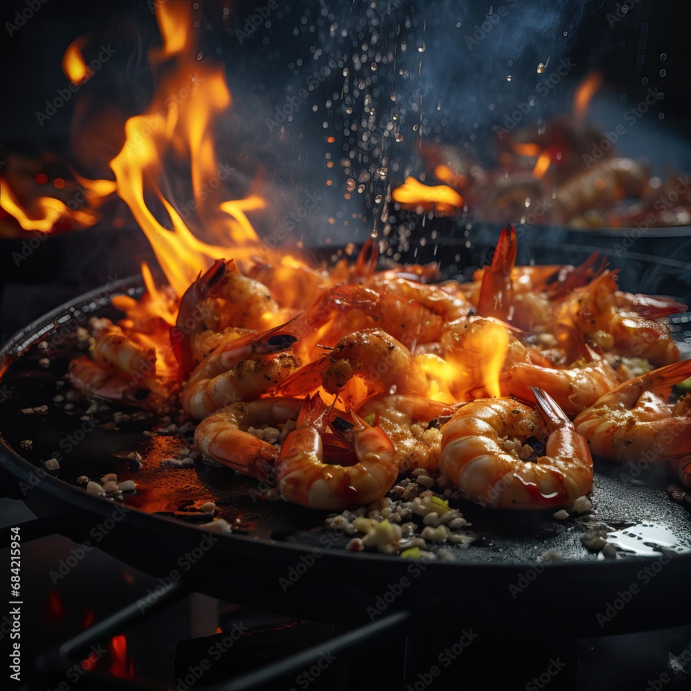 Professional Shot of Spiced Shrimps That Just Got Out of the Fire Placed on a Black Plate. Flames over a Fish Dish creating a Professional Image for Commercial Avertisement. Professional Shot of Spiced Shrimps That Just Got Out of the Fire Placed on a Black Plate. Flames over a Fish Dish creating a Professional Image for Commercial Avertisement.