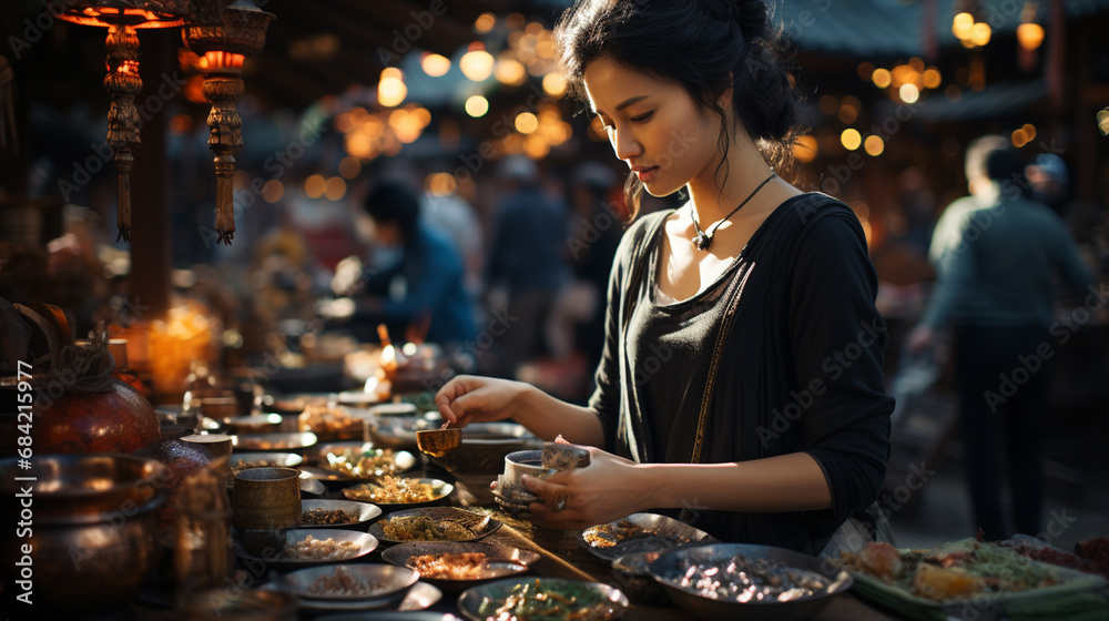 People with a food in asian outdoor market. People with a food in asian outdoor market.