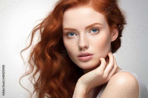 Portrait of a young beautiful red-haired woman with perfectly smooth skin, on a light background. Tenderness and sensuality. Concept of natural beauty, plastic surgery, cosmetology,skin care.