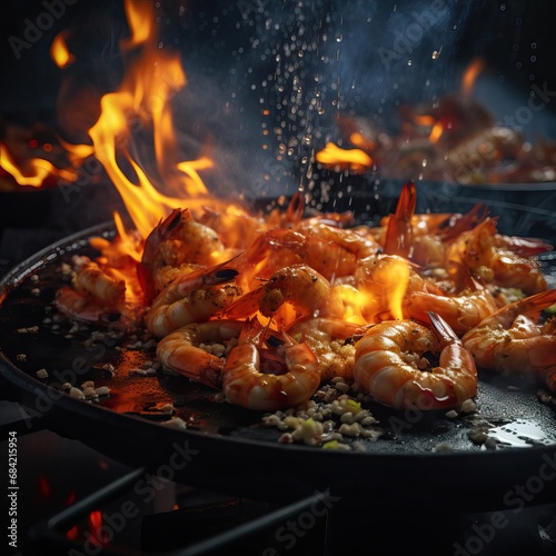 Professional Shot of Spiced Shrimps That Just Got Out of the Fire Placed on a Black Plate. Flames over a Fish Dish creating a Professional Image for Commercial Avertisement.