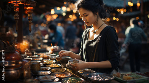 People with a food in asian outdoor market.