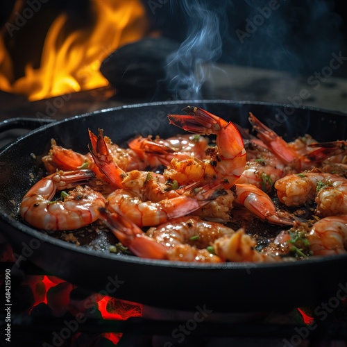 Professional Shot of Spiced Shrimps That Just Got Out of the Fire Placed on a Black Plate. Flames over a Fish Dish creating a Professional Image for Commercial Avertisement.