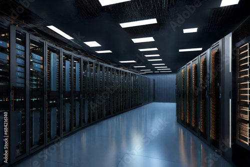 Detailed 3D render of a cutting-edge server room infrastructure.