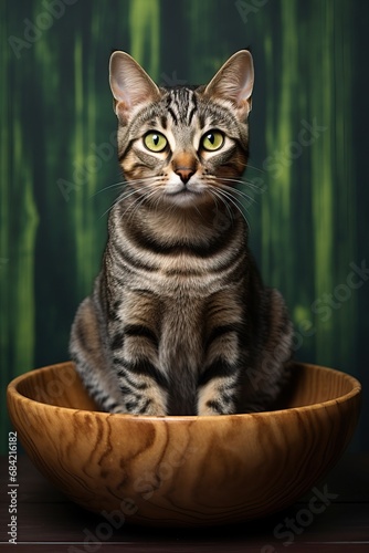 Professional Photo of a Cute Cat Sitting in a Bowl Placed on the Ground in an Empty Room While Looking Next to the Camera With His Big Green Eyes.