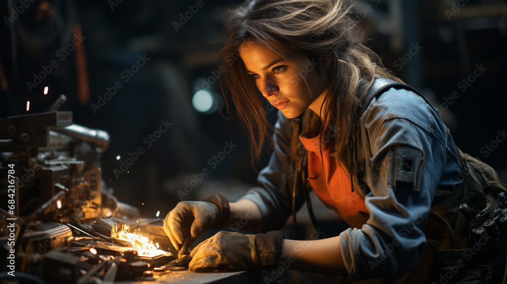 Worker in welding workshop.