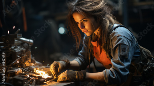 Worker in welding workshop.