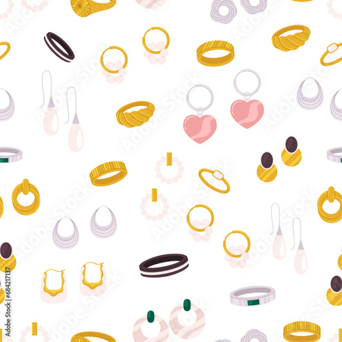 Earrings and rings seamless pattern. Jewelry store background, gemstones and pearls. Gold jewelries fabric print, vector decorative background