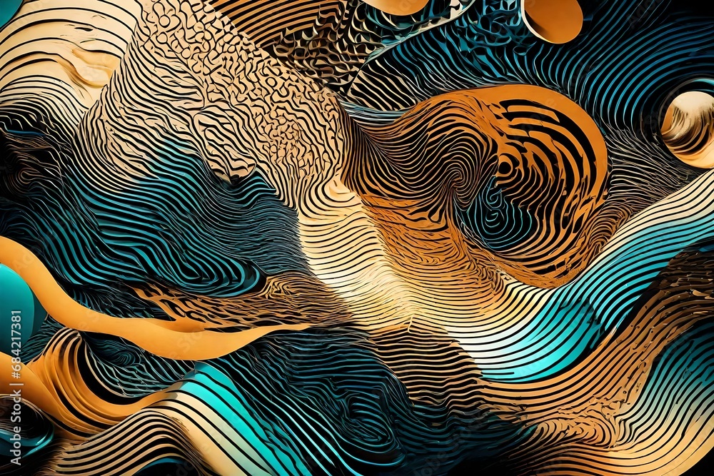 Abstract geometric shapes overlapping with liquid ripples, forming a visually stunning digital fusion.