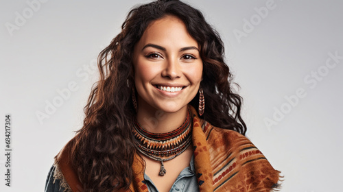 Fictitious beautiful Native American woman model AI generative photo