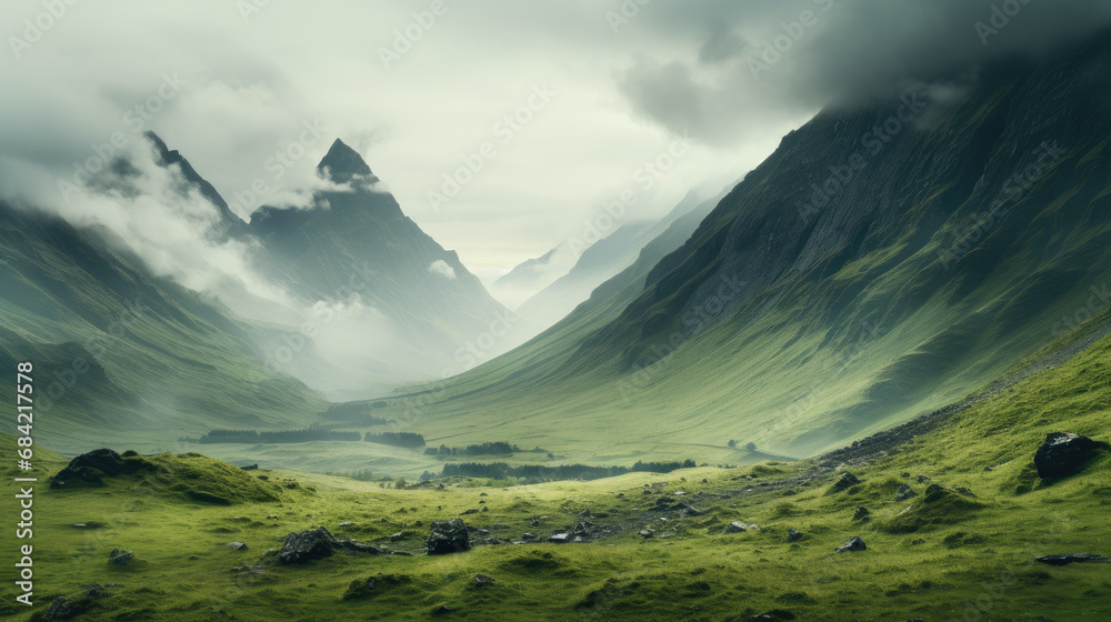 natural scenic Beautiful landscape countryside wonderful springtime landscape in mountains. grassy field and rolling hills. rural scenery. AI Generated. AI Generative. - obrazy, fototapety, plakaty 