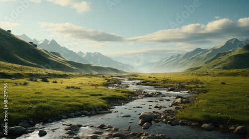 natural scenic Beautiful landscape countryside wonderful springtime landscape in mountains. grassy field and rolling hills. rural scenery. AI Generated. AI Generative.