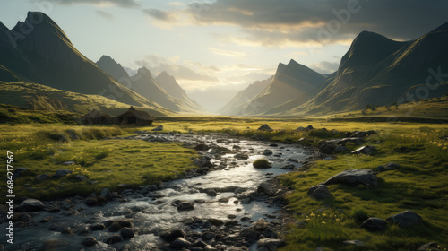 natural scenic Beautiful landscape countryside wonderful springtime landscape in mountains. grassy field and rolling hills. rural scenery. AI Generated. AI Generative.