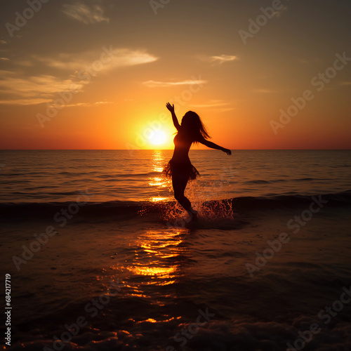 Dancing girl s silhouette set against the backdrop of the sea during sunset