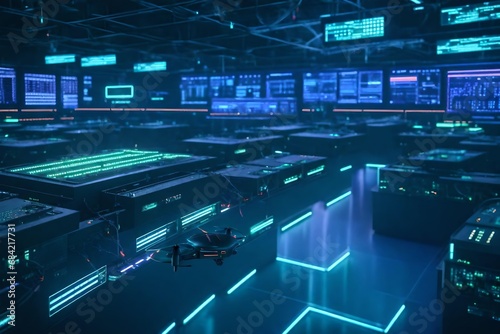 Futuristic drone surveillance system monitoring a secure facility.