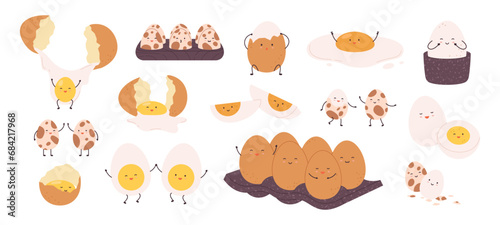 Cartoon funny eggs characters. Cute egg raw, boiled and fried, in carton pack and with cracked shell. Children food elements, racy vector positive set