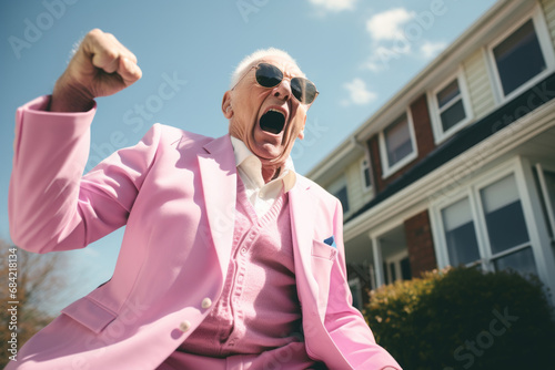 Excited grandfather man wearing glasses and pink pastel color suit celebrating success. Happy overjoyed businessman walking outside and showing yes gesture and laughing. photo
