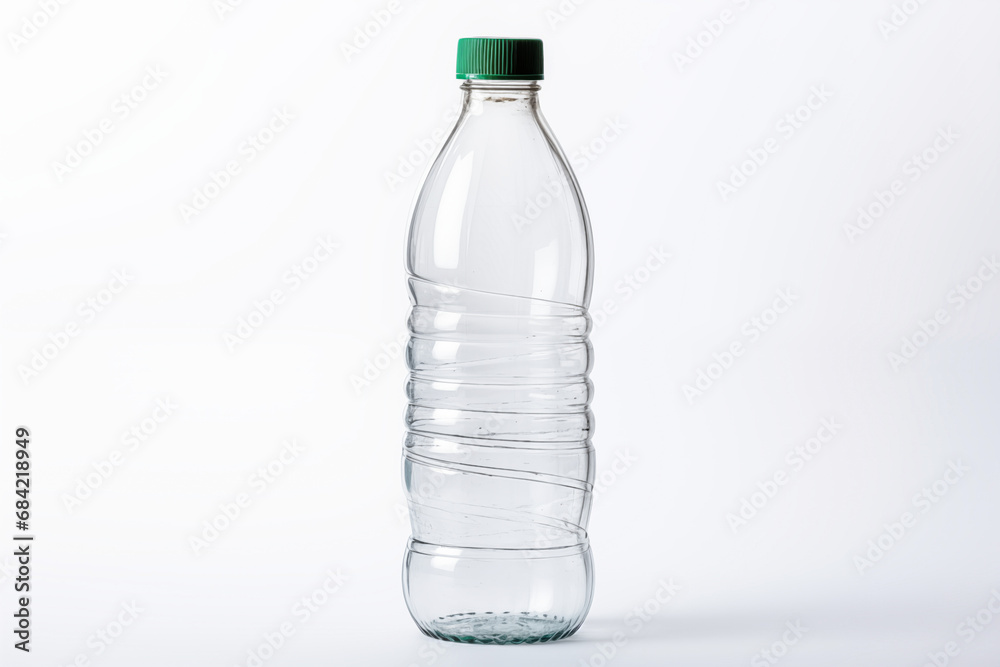 A close-up of an empty plastic water bottle isolated on white background A close-up of an empty plastic water bottle isolated on white background