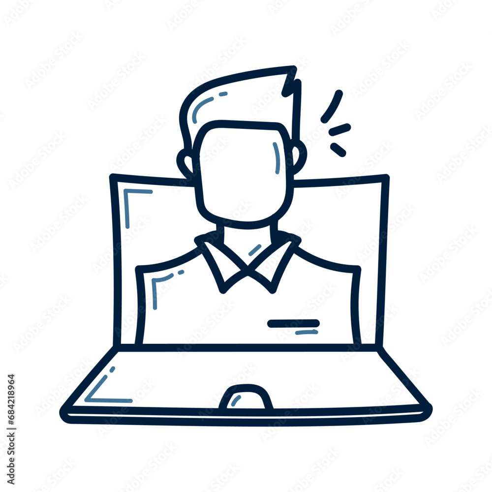 Hand drawn man with laptop doodle line illustration design. Man with laptop doodle icon.