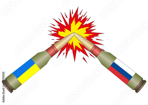Illustration of two colliding bullets with Ukraine and Russia flags