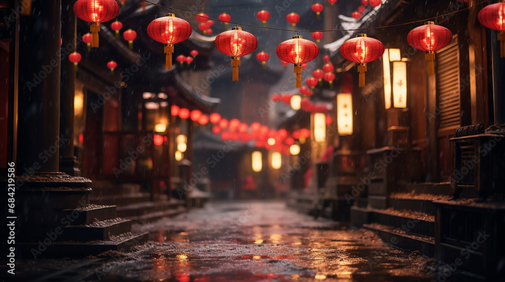 Red lanterns and glitter light up the night sky in a city street, in the style of oriental, light-focused. Chinese new year