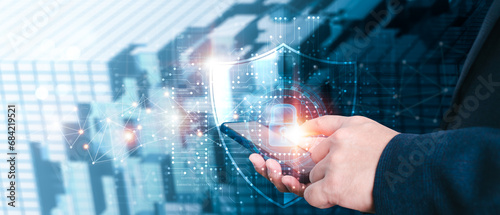 Fotografía Businesspeople using mobile phone internet networks, data encryption for user privacy, data security and defense against cyberattacks, and data protection for financial and commercial transactions