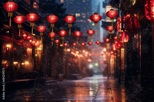 Red lanterns and glitter light up the night sky in a city street, in the style of oriental, light-focused. Chinese new year