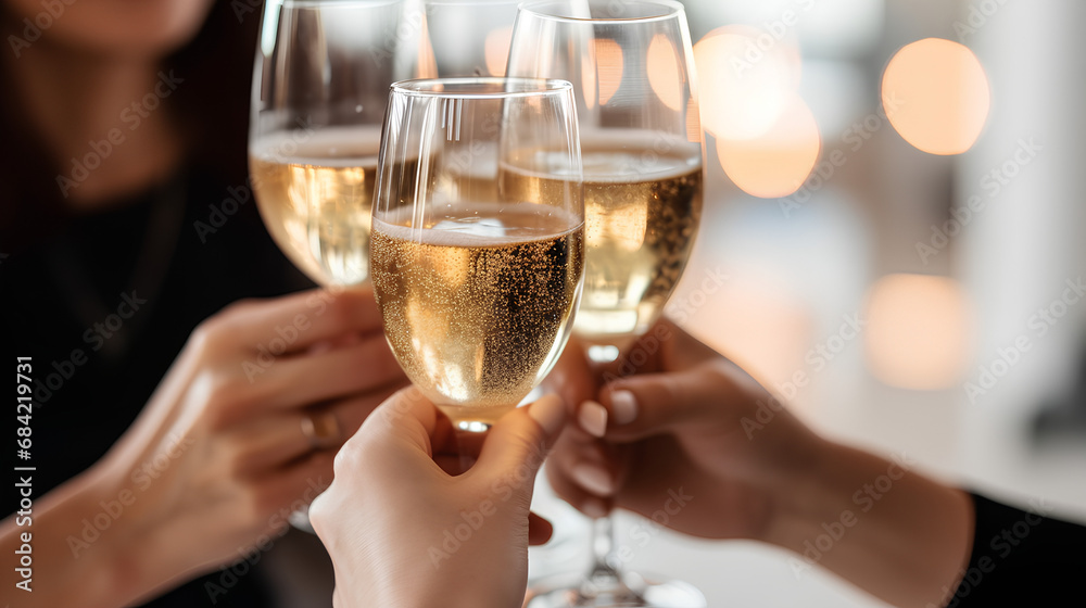 Festive New Year's toast, glasses with delicious champagne at the party. Christmas celebration or New Year's Eve party. Festive New Year's toast, glasses with delicious champagne at the party. Christmas celebration or New Year's Eve party.