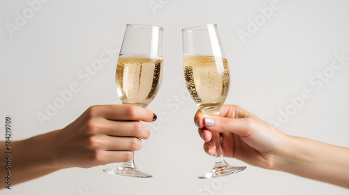 Festive New Year's toast, glasses with delicious champagne at the party. Christmas celebration or New Year's Eve party.