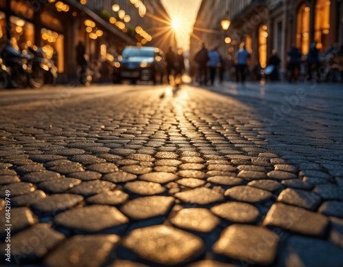 Close-up old city cobblestone pavement structure and texture at golden hour with city life on the background
