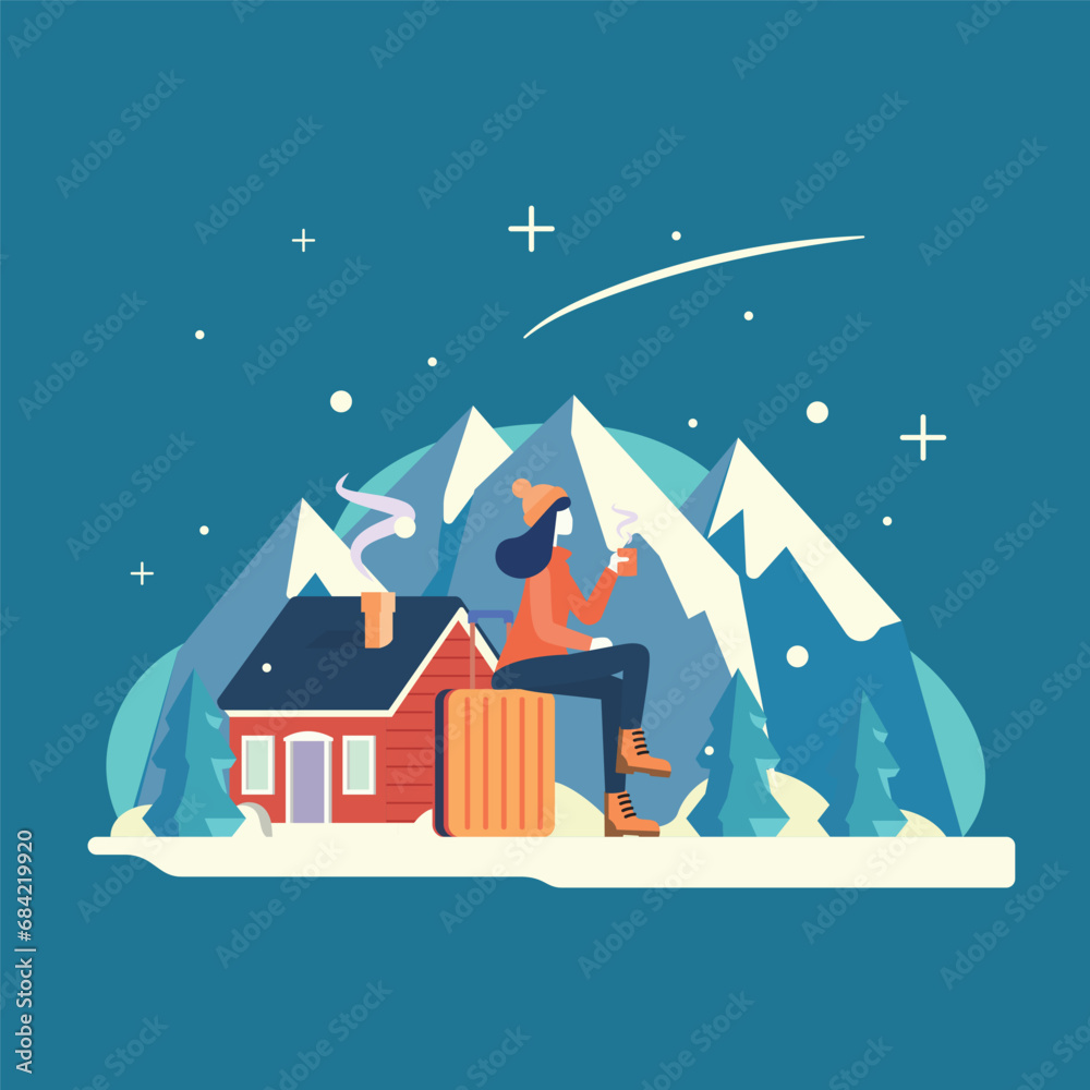 Flat winter season illustration. Travel winter. Vector illustration