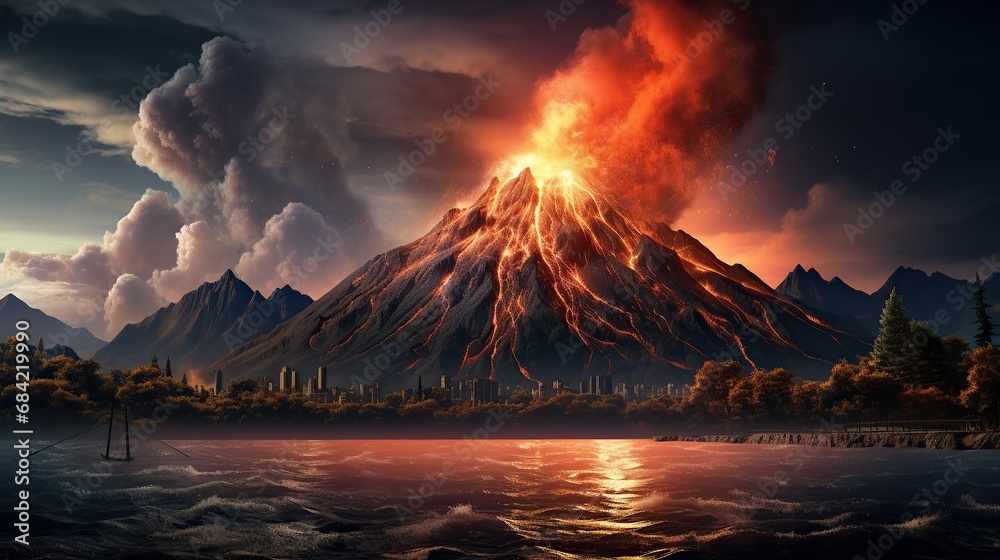 volcano mountain with lava - obrazy, fototapety, plakaty 