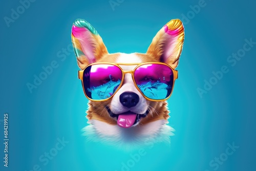 a Corgi dog with sunglasses on blue background , Generative Ai