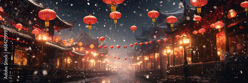 Red lanterns and glitter light up the night sky in a city street  in the style of oriental  light-focused. Chinese new year
