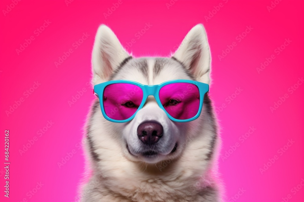 a Husky dog with sunglasses on pink background , Generative Ai