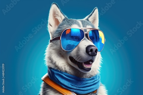 a Husky dog with sunglasses on blue background , Generative Ai © Zatiago
