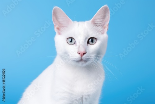Portrait of white cat on light blue background with copy space. Hungry animal with intense expression or waiting for food. Banner for pet shop. Card with cat for Valentine day, spring, women day