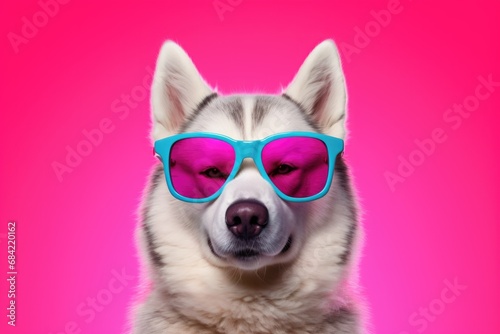 a Husky dog with sunglasses on pink background , Generative Ai © Zatiago