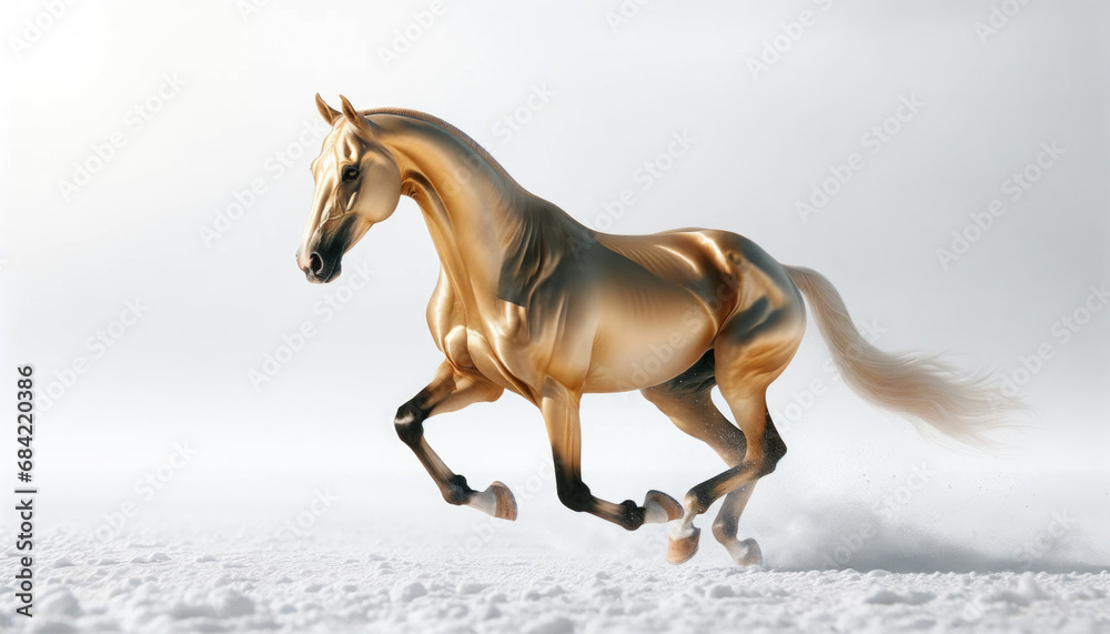 Dynamic running Akhal-Teke horse with gold coat, white snow background Dynamic running Akhal-Teke horse with gold coat, white snow background