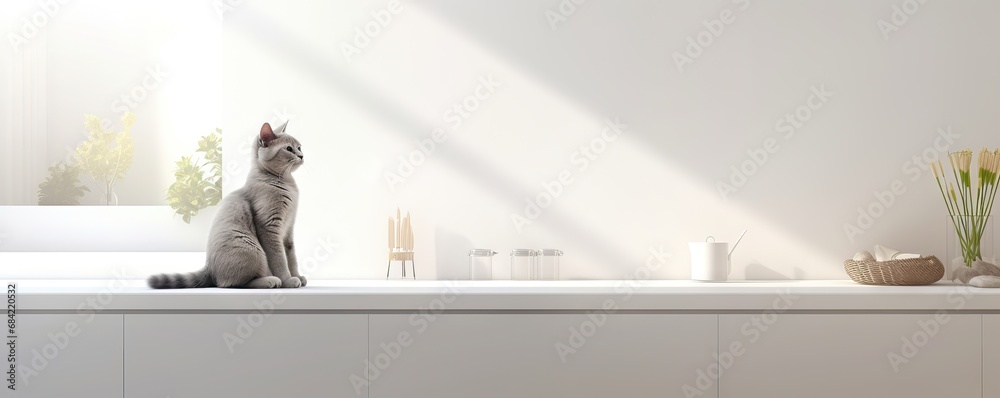 Gray domestic cat sitting on modern kitchen counter. Pet on kitchen table on sunny day at home. Light scandinavian interior design. Cozy place for cooking with copy space - obrazy, fototapety, plakaty 